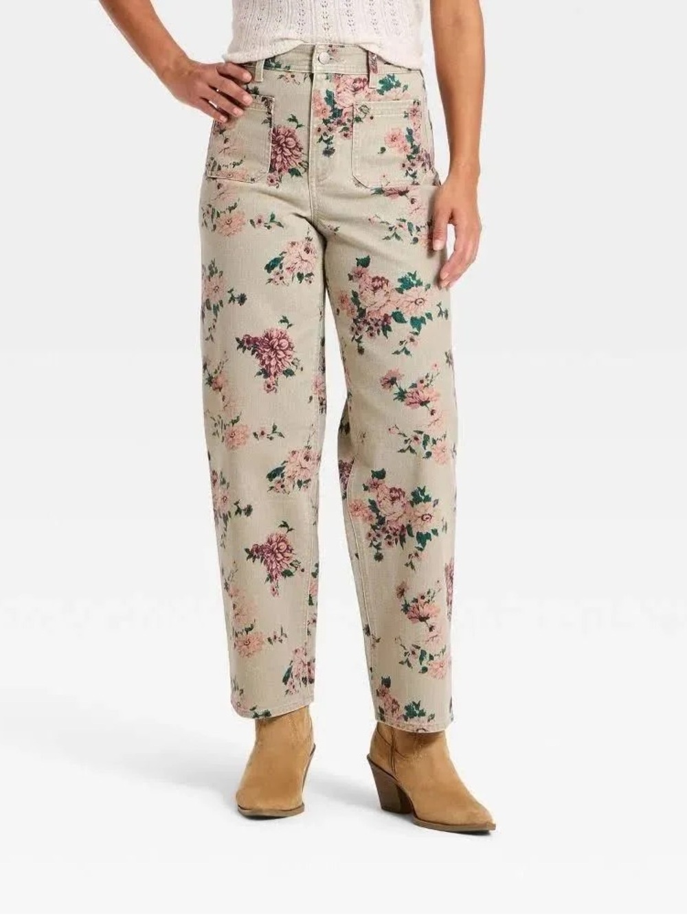 Universal Thread Floral Straight-Leg Jeans in Beige with Pink & Green